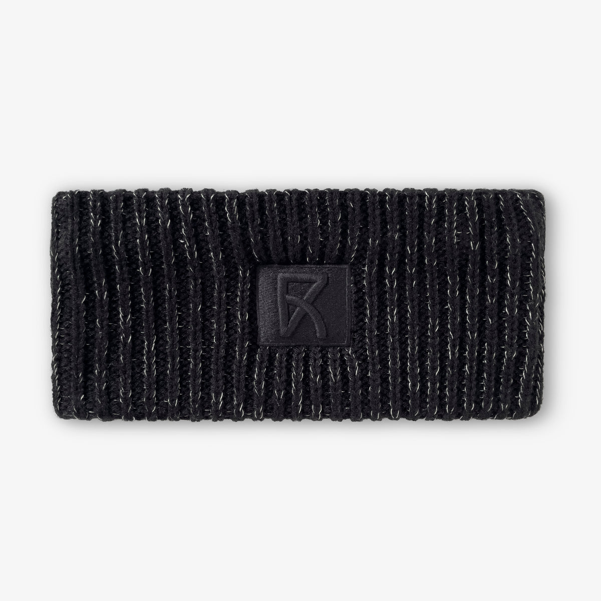 Stickat svart reflexpannband med brodyr, sedd framifrån.