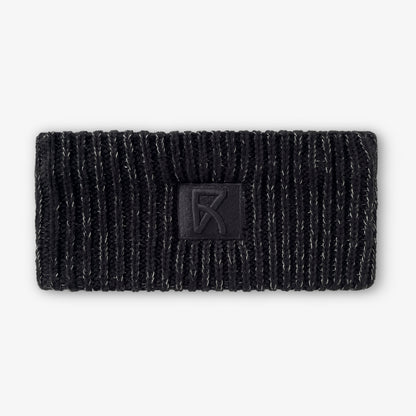 Stickat svart reflexpannband med brodyr, sedd framifrån.