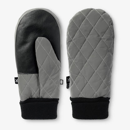Grå quiltade tumvantar i reflex, sedda parvis.