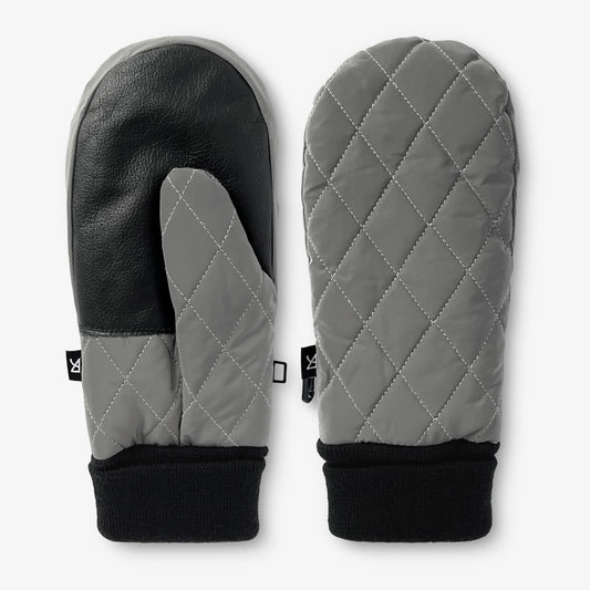 Grå quiltade tumvantar i reflex, sedda parvis.