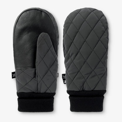 Mörkgrå quiltade tumvantar i reflex, sedda parvis.