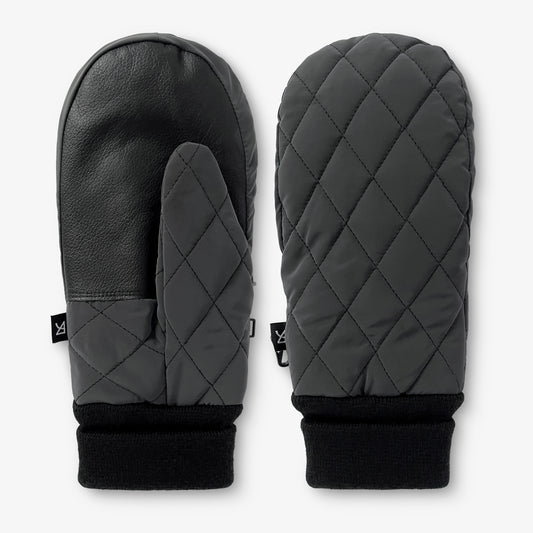 Mörkgrå quiltade tumvantar i reflex, sedda parvis.
