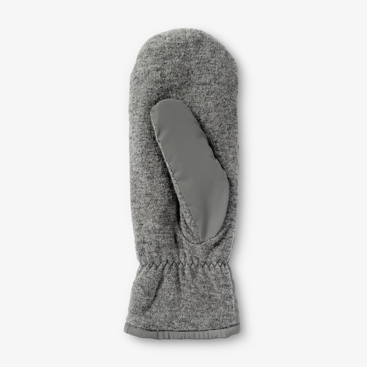 Grå reflexvante i ull sedd från handflatesidan.