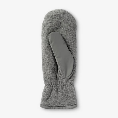 Grå reflexvante i ull sedd från handflatesidan.